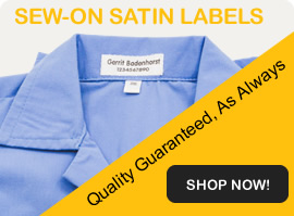 Sew on to clothing. Printed in black on 15mm white satin ribbon. Name is either printed in large font on 1 line or smaller font with extra detail on 2 lines.